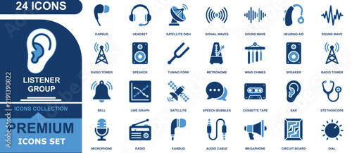 Foto Listener group icon set featuring twenty four blue symbols for audio and communi