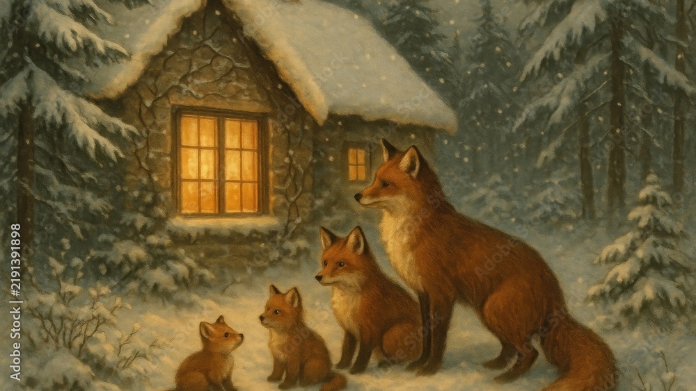 Obraz premium Cozy winter fox family desktop wallpaper