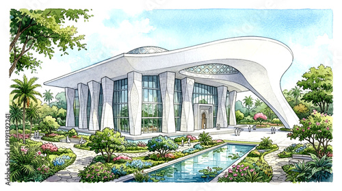Modern Architecture Design of a Grand Cultural Center Surrounded by Lush Green Gardens and Water Features