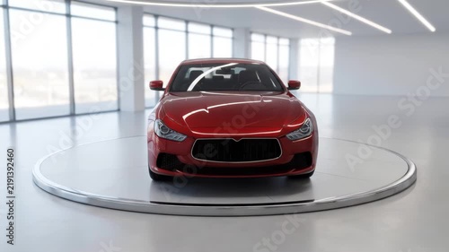 Red sedan rotating on a round turntable inside a modern bright showroom