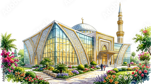 Modern Architectural Mosque Illustration with Lush Botanical Gardens and Devout People