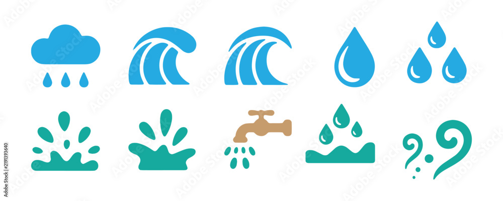 Obraz premium Water drop and weather splash icon set in blue and green for environmental branding concepts.
