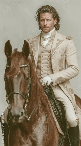 Gentleman Rider: A distinguished man in historical attire, with a stern gaze and windswept hair, sits atop a majestic brown horse, embodying a spirit of adventure and a bygone era.