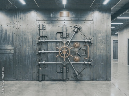 Heavy steel vault door closed in secure industrial bank setting with complex locking mechanisms
