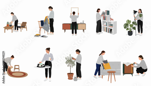 Flat vector illustrations of people performing various home decoration and organization tasks, including gardening, cleaning, and arranging furniture on a white background.