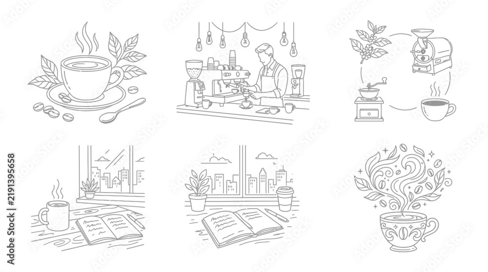 Naklejka premium Set of coffee themed line art illustrations on white background