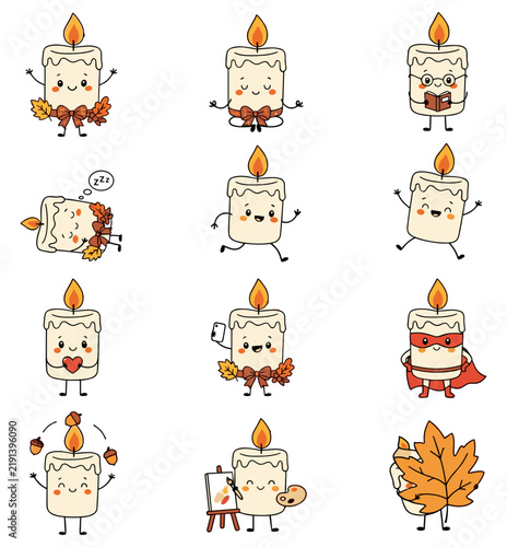 Cute cartoon candle characters with autumn leaves vector set
