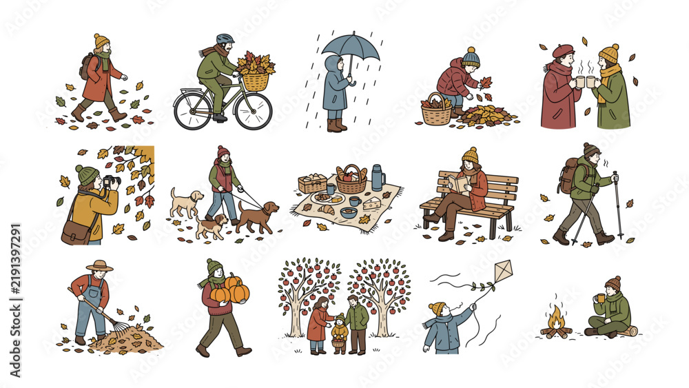 Fototapeta premium Set of cute autumn activities and people vector illustration