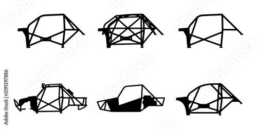 Black roll cage frames silhouettes, automotive chassis designs
