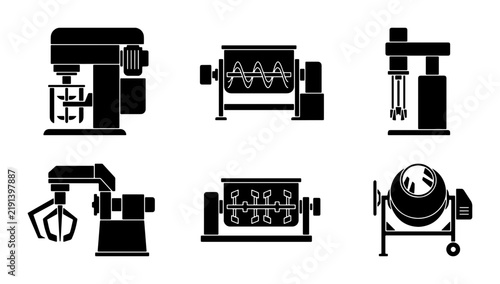 Black industrial mixers and concrete mixer icons, graphic