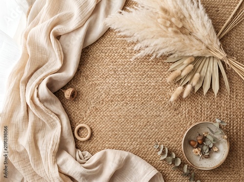 Quadro su tela Boho flat lay background with pampas grass and muslin cloth