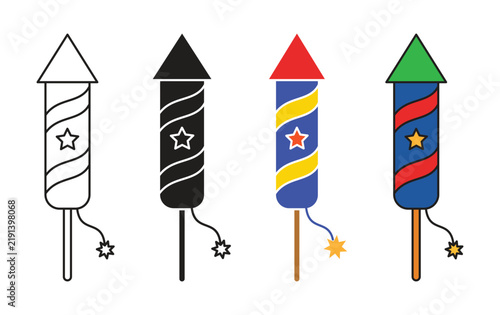 Fireworks Rocket Vector Icon Set Featuring Outline Solid And Color Styles
