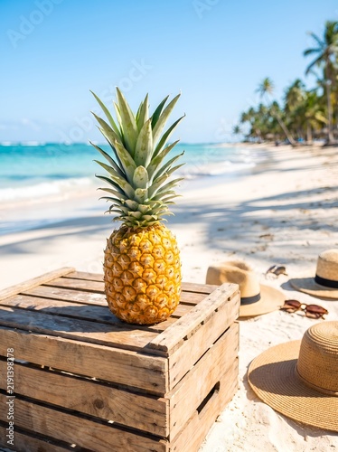 Fresh pineapple on a wooden crate at a tropical beach