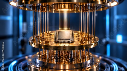 Obraz na płótnie Quantum computing mainframe infrastructure with intricate golden wiring and cryogenic cooling system for advanced processing