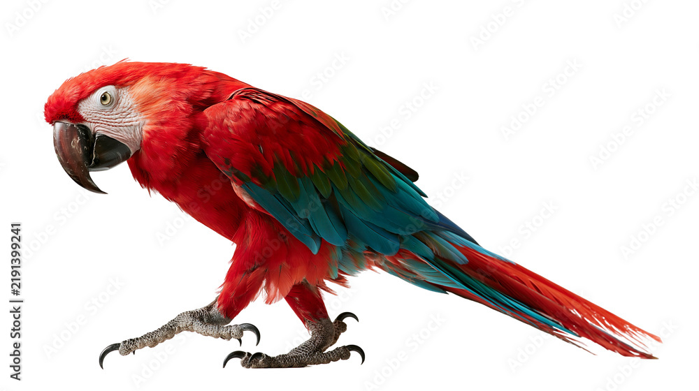 Fototapeta premium Vibrant red scarlet macaw parrot with green and blue wing feathers standing