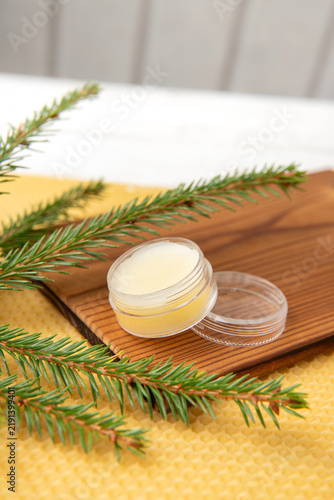 Picea abies, Norway spruce herbal medicinal resin lotion in a jar, decorated with fresh spruce branches. Natural spruce resin used in traditional medicine and the beauty industry.