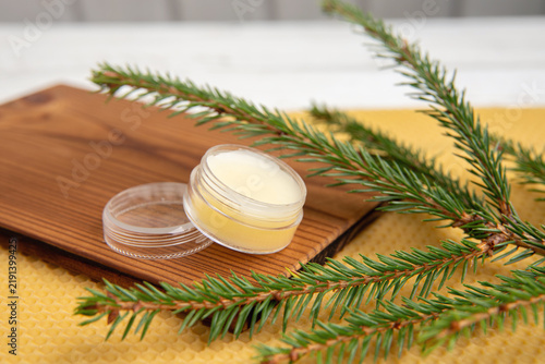 Picea abies, Norway spruce herbal medicinal resin lotion in a jar, decorated with fresh spruce branches. Natural spruce resin used in traditional medicine and the beauty industry.