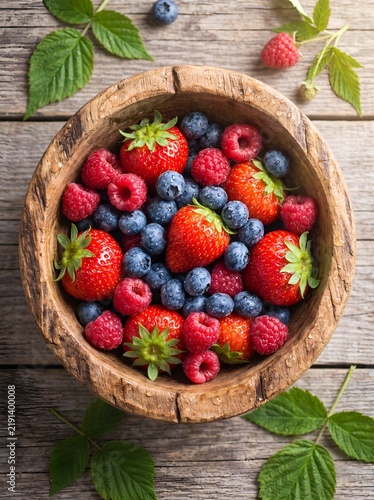 Mixed summer berries in a wooden bowl on a rustic background
