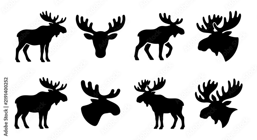 Obraz premium Moose Silhouette Collection, Wildlife Animal Icons, Majestic Forest Creature Vector Graphics, Nature and Outdoors Design Elements