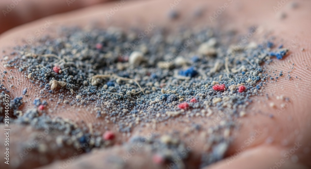 Obraz premium Microscopic View Of Environmental Pollution Showing Tiny Colorful Plastic Particles And Dust On Human Skin