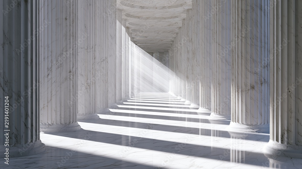 Obraz premium Sunlight streams through a long corridor of classical marble columns, showcasing architectural grandeur, creating a serene and monumental perspective