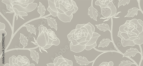 Vector floral line roses and leaves seamless pattern.