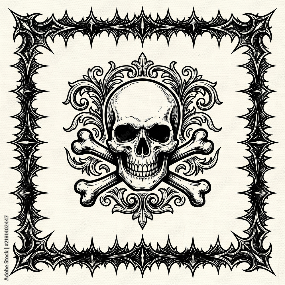 Fototapeta premium Black and white bandana pattern featuring repeating paisley, delicate floral vines, and seamless gothic skull elements.