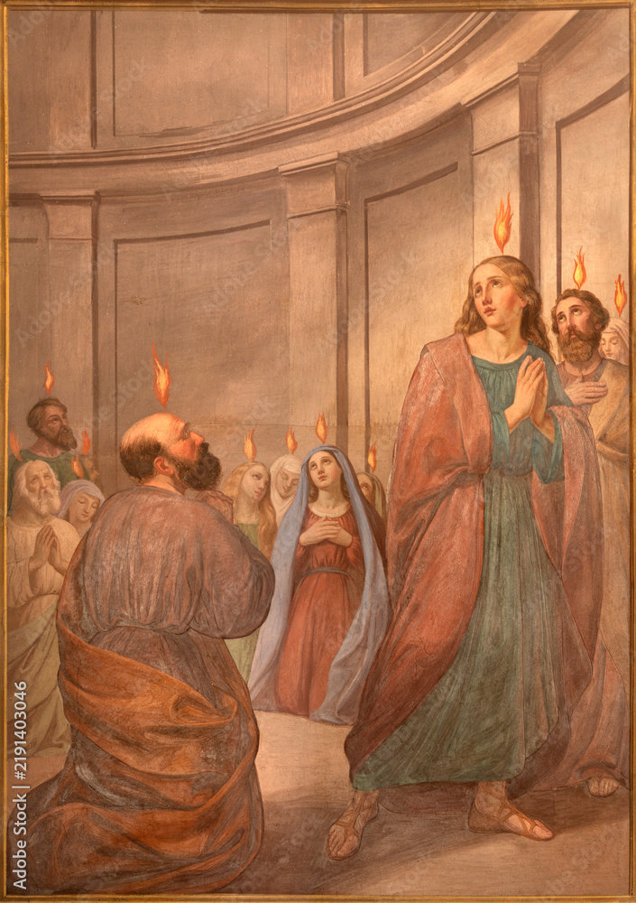 Fototapeta premium Monza - The fresco of Pentecost in church Chiesa della Santissima Trinita degli Artigianelli by Giovanni Briani from end of 19. cent.