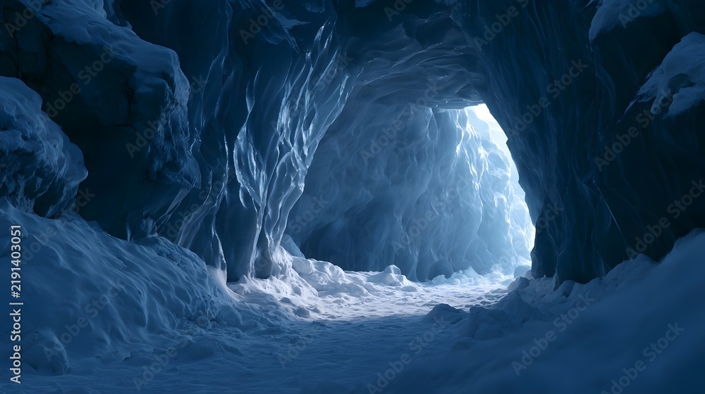 Obraz premium A serene ice cave with glowing blue walls and snow covered ground illuminated by natural light from the distant opening