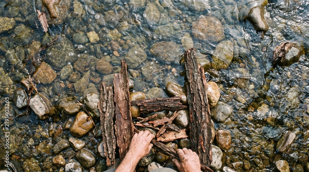 Fototapeta premium Top Down View Bark Strips Submerged In Clear River