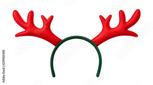 Fotografie Red felt reindeer antler headband with green plastic hair hoop