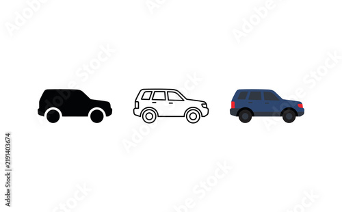 SUV car icon set in three styles, black silhouette, outline stroke, and flat blue off-road vehicle illustration