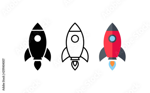 Rocket ship icon set in three styles, flat vector spacecraft symbols, startup launch concept graphics for business websites