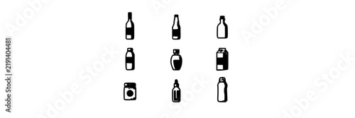 Beverage Bottles Icons Set, Minimalist Design, Line Art Illustrations. Drink Containers, Beverage Packaging