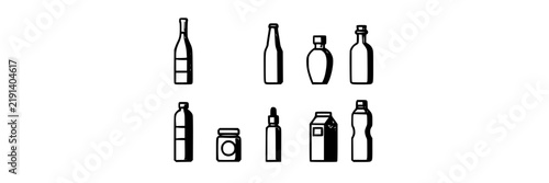 Beverage Bottles Icons Set, Minimalist Design, Vector Illustration. Container Symbols, Drink Packaging Icons