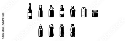 Beverage Bottles Icons Set, Minimalist Design, Line Art Illustrations. Drink Containers, Simple Icons