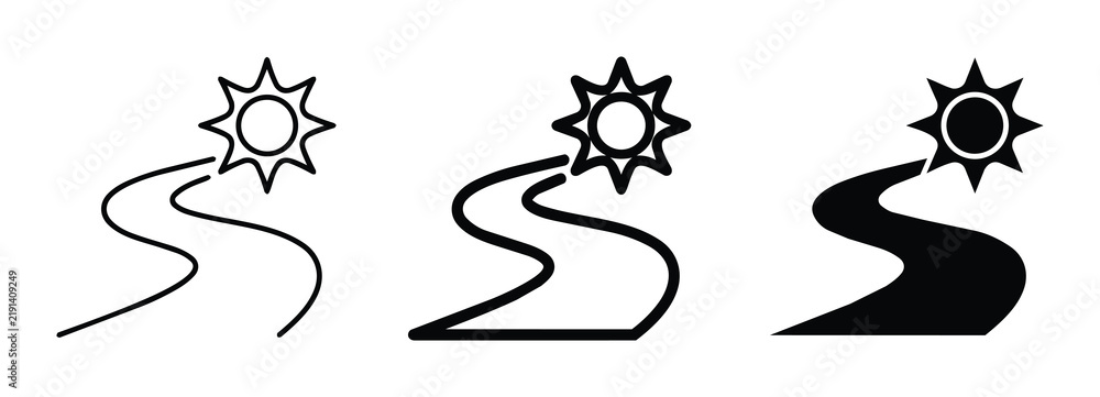 Obraz premium Journey to Success: Winding Path, Bright Sun Icon, Goal Achievement, Business Strategy, Forward Motion, Vector Art