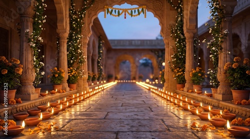 Traditional Indian Palace Entrance Illuminated with Rows of Diyas for Grand Diwali Celebration