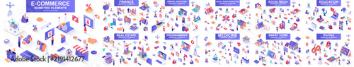 Mega set of vector isometric elements. Contains such DevOps, e-commerce, education, finance, medicine, programming, social media, travel, smart home and more. Bundle isometry vector illustrations.