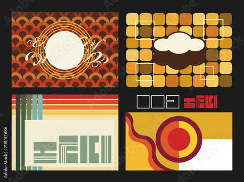 фотографія Four retro 70s geometric graphic templates with vintage patterns and mid-century modern colors