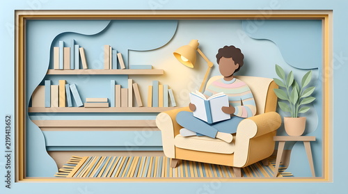 Paper cut craft style of person sitting on armchair reading book at home