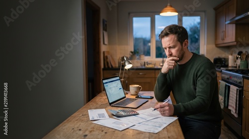 Stressed man calculating home finances, reviewing bills, and using a laptop and calculator at a wooden kitchen table at dusk