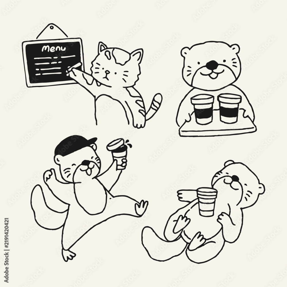 Fototapeta premium Cafe activity mascot character set featuring a cat writing a menu board and otters carrying a coffee tray and dancing with coffee cups.