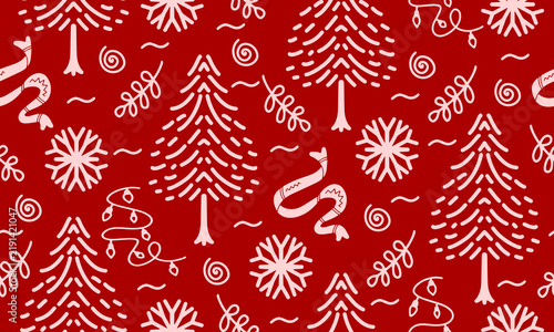 Seamless background template with cute abstract trees, seamless repeat design for fabric, home decor, and seasonal packaging.