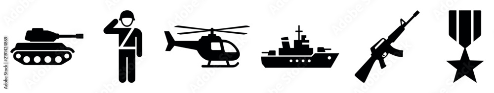 Fototapeta premium Black military and armed forces icon set featuring a battle tank saluting soldier transport helicopter naval ship assault rifle and star medal