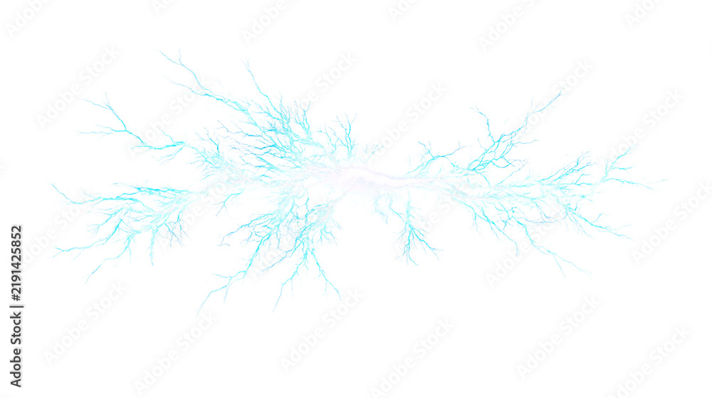 Fototapeta premium Bright cyan electric lightning bolt discharge with branching fractal patterns