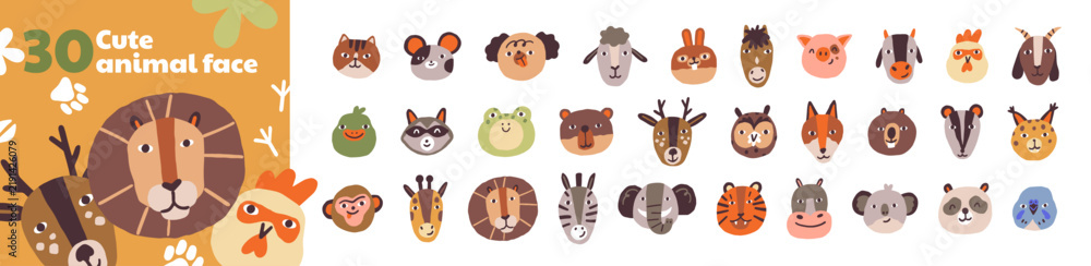 Obraz premium Cute animals faces set. Avatars of kawaii characters of forest and African safari. Heads of funny animals. Kids cartoon characters of panda, lion and cat. Children faces of zebra, dog and elephant.