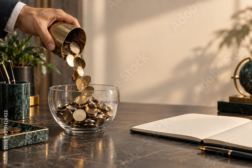 hand pouring coins into glass