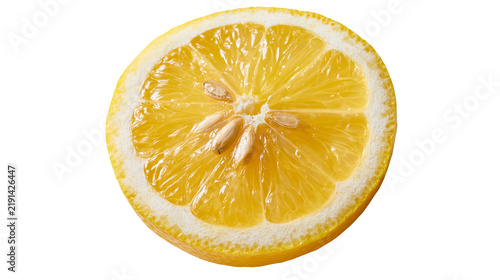 Cuadro en lienzo Fresh bright yellow lemon slice with visible seeds and juicy pulp texture