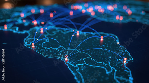 Global logistics map glowing trade route South America Brazil network connection digital map transport cargo shipping import